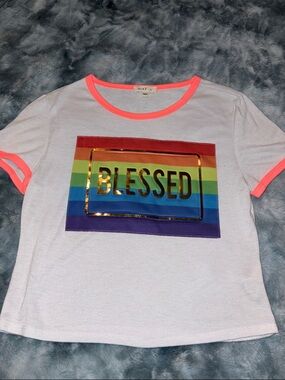 Women’s Crop top 'Blessed' Rainbow Graphic Tee - White with Neon Pink Trim sizeL